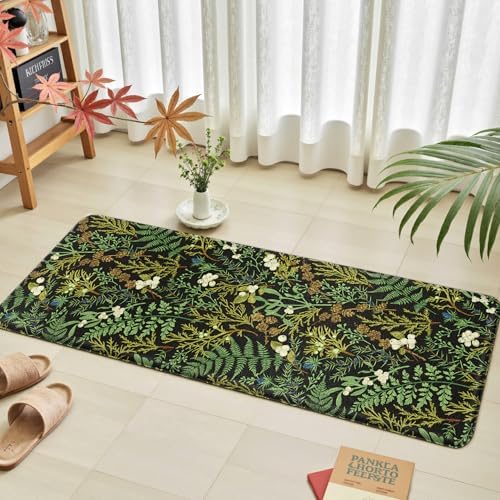 Black Green Botanical Kitchen Rugs Set of 2 Plant Leaf Anti-Fatigue Kitchen Mat Natural Comfort Standing Waterproof PVC Mats 2/5