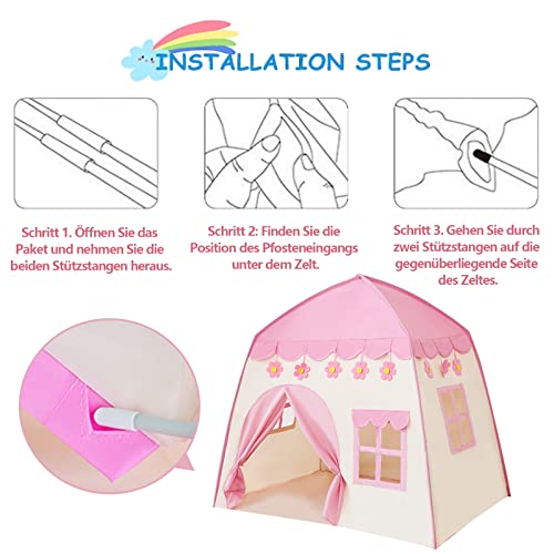 Kindertent, speeltent, tipi-tent voor kinderen, binnen, kinderkamer, speelhuis, speelhuis, speelhuisje, kinderspeelkasteel voor sprookjes, binnen en buiten (roze) - Afbeelding 7