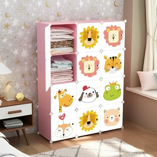 Image of KRISHYAM Kids Modular Storage Cabinet with Cartoon Animal Doors, 12 Cube Plastic Wardrobe Organizer, DIY Closet System with Hanging Rod, Toy & Clothes Storage (Pink, 12 Box)