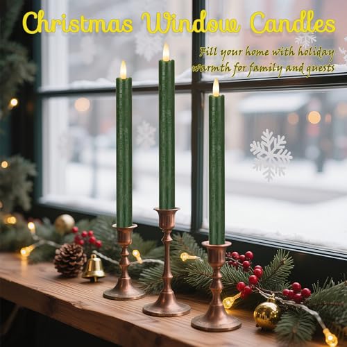 Image of JOIONE Green Flameless Taper Candles with Remote, 3 Pack Christmas Decor | Battery Operated LED, Real Wax, Remote Control, Warm Flickering Glow, Safe Christmas Home & Party Decor