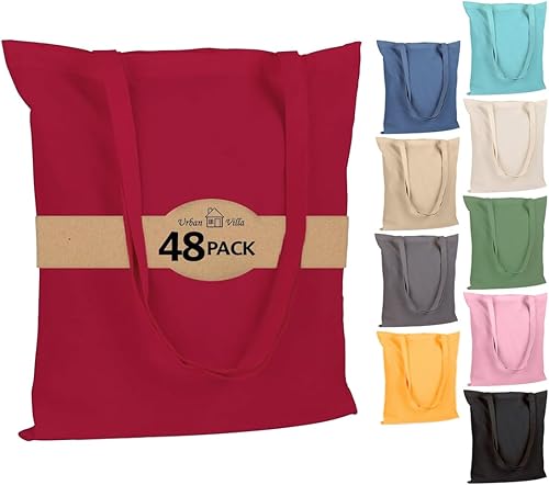 Urban Villa Paquete de 48 bolsas de comestibles reutilizables de 15 x 16 pulgadas con mango largo de 27 pulgadas, color rojo, 100% algodón, bolsas