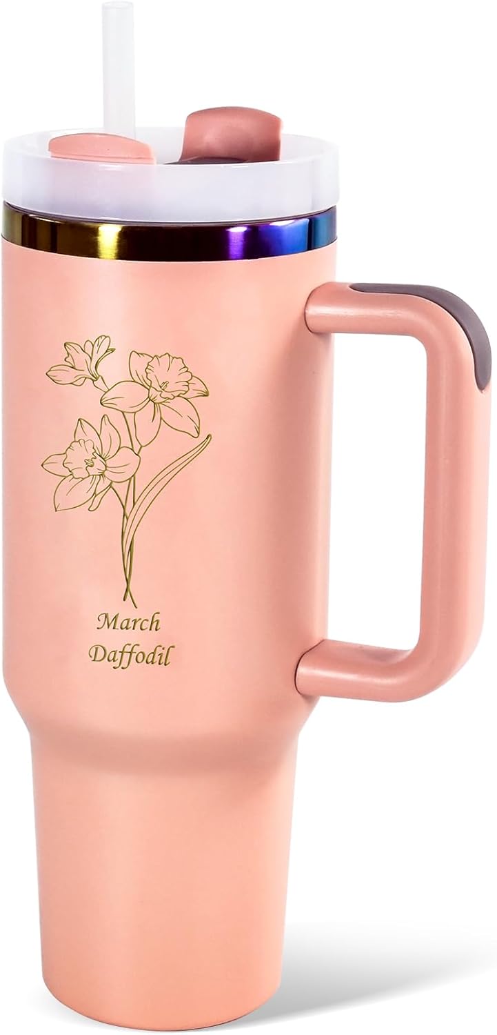 Birthday Gifts for Women, 40 oz Tumblers with Birth Month Flower, Stainless Steel Insulated Tumbler Travel Coffee Mug Cup Gifts for Friends Female Coworker Sister Mom Wife, Laser Engraved, Mar