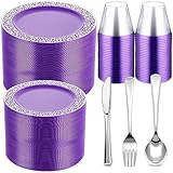 Norme 300 Pieces Disposable Plastic Dinnerware Set, 100 Plastic Plates, 150 Knives, Forks and Spoons with 50 Rimmed Cups for 50 Guests Wedding Party Supplies(Purple Silver)