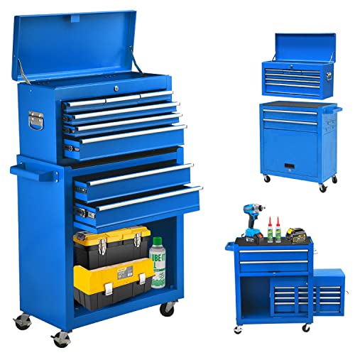 8-Drawer Rolling Tool Chest, Lockable Large Tool Chest with Wheels, 2-Piece Tool Chest Combo, Portable Top Tool Chest with Sliding Drawers and High Capacity Bottom Tool Cabinet, for Garage Warehouse