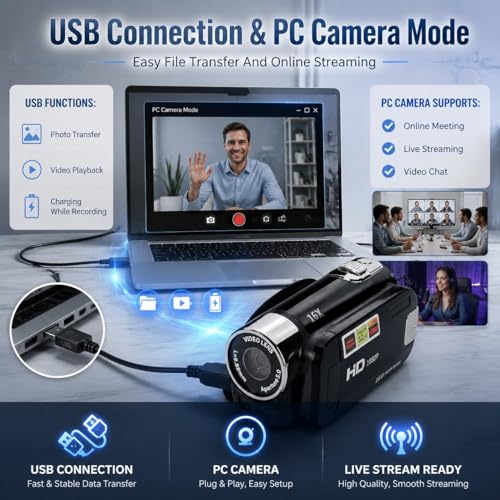 CamCrorder 4K Vintage, Caméscope Rétro 48MP, Caméra DV 2,7 Pouces TFT Écran Rotatif 16x Caméra Vidéo de Zoom Numérique avec Câble USB (Black)