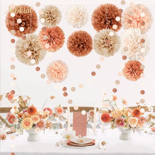 Image of AOBKIAT Fall Wedding Baby Shower Decorations Boho Style,15PCS | for Birthday Hanging Backdrop,Retro Bridal Shower,Halloween,Thanksgiving,with Brown Orange Peach Paper Pom Poms,Party Garland