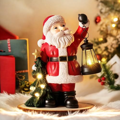 Lewondr Christmas Santa Claus Figurine, Resin Santa Claus Status Christmas Decorations with Chandelier, 8' Holiday Decoration Ornament Gift for Home Office Table Fireplace, Red