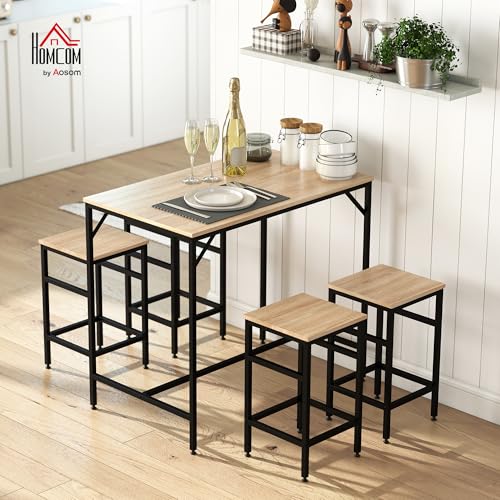 HOMCOM Juego de Mesa y Taburetes de Bar, Mesa Alta de Cocina con 4 Taburetes Industrial, con Reposapiés, Ahorro de Espacio, para Espacios Reducidos, Comedor, Salón, Roble - imagen 2