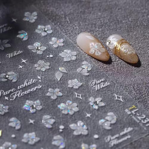 Image of 5D Embossed Flower Nail Stickers for Nails Art Silver Nail Decals Self Adhesive Nail Art Stickers Rhinestone with Design for Women Girls Nails Supplies Manicure Decorations Accessories