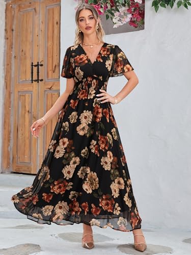 Image of Simplee Women's Boho Floral Maxi Dress Flowy Casual V Neck Short Sleeve Wedding Guest Holiday Beach Long Dress