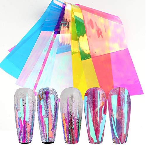 Sunfairy 16 Sheets / Set of Nail Art Stickers, Mirror Aurora Nail Transfer Stickers, Magic Cellophane Nail Decoration, Metal Holographic Luster DIY Art Nail Decoration