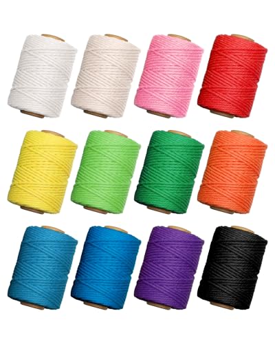 BS-VOG Buntes Makramee-Schnur Set, 3mm x 396 Yards, 12 Rollen 4-fädige Baumwollschnur für DIY-Bastelarbeiten, Wandbehänge, Aufbewahrungskörbe, Geschenkverpackung, Wohndekor und kreative Projekte
