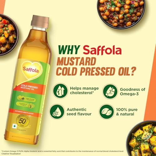 Image of Saffola Cold Pressed Mustard Oil | 100% Cold Pressed Mustard Seed Oil | Kachi ghani Mustard Oil, 0 trans fat, Unrefined, Chemical free | Helps Manage Cholesterol, Goodness of Omega 3 with Authentic Seed Flavour | 1L Pet Bottle