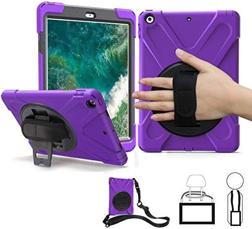 TSQ iPad Air 1st Generation Case 9.7 Inch for Kids 2013 | Three Layer Rugged Hybrid Hard Shockproof Durable Cover w/Rotatable Stand Hand Shoulder Strap Case for iPad Air 1 Gen A1474 A1475, Purple