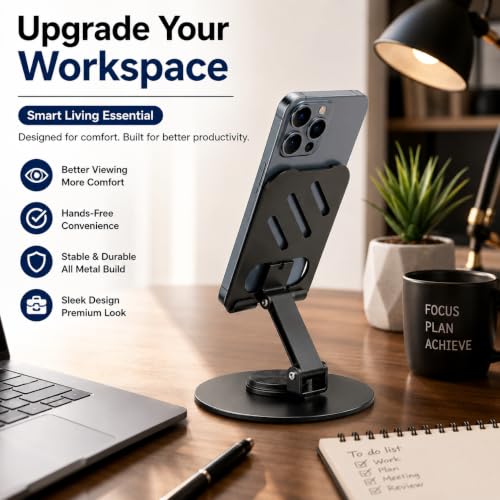 Image of Metal Mobile Phone Stand for Desk | Adjustable 360 Degree Rotating Foldable Holder for iPhone Android Smartphones | Anti Slip Stand for Video Calls Office Work