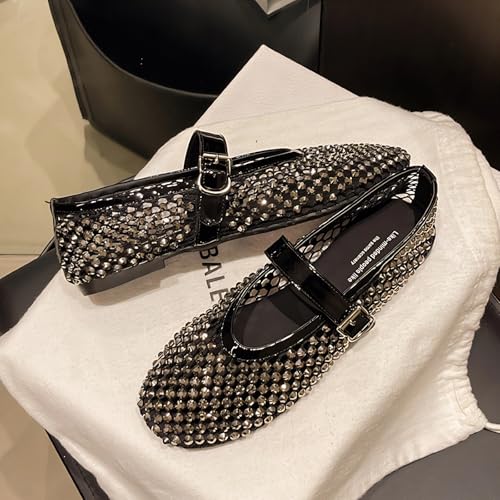 Women Vintage Ballerina Flats Mary Janes Mesh PU Shoes, Candy Colors Diamond Design, Lightweight Casual Girls Teens3