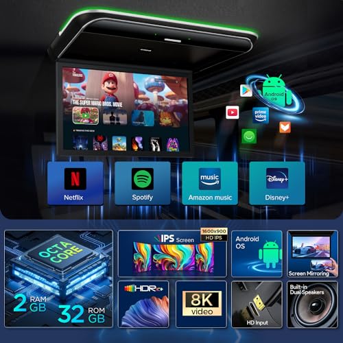 XTRONS Android Car Overhead Player 19.5 Inch Wide IPS Screen 8K Video Car Roof Mount Monitor with Built-in Stereo Speakers Flip Down Overhead Car Monitor Support WiFi, HDMI Input, USB, RCA Input