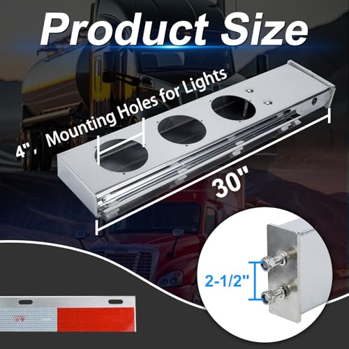 Image of Stainless Steel Mud Flap Hanger Set with Circle Light Cutouts 2-1 /2 inch Bolt Spacing 30 inch Length Rear Bar for Semi Trucks, 2.5 inch Bolt Spring Loaded with Aluminum Reflective Tapes