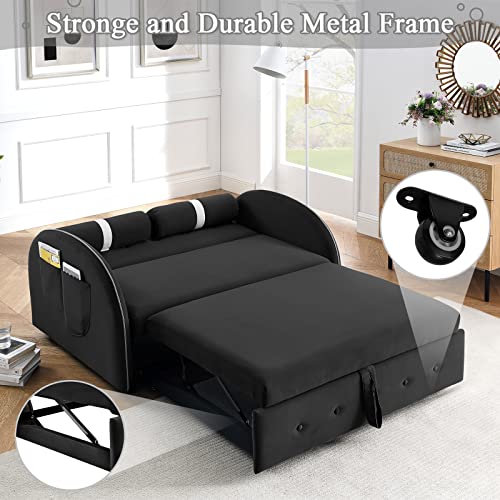 Sleeper Sofa Couch Bed, 55.5" 3 In 1 Velvet Convertible Loveseat Sleeper With Pullout Bed, Small Love Seat Futon Sofa W/Adjustable Backrest, Cylinder Pillows & Pockets For Living Room Bedroom, Black #TOP3