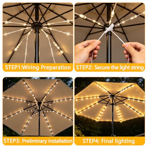 PULIVIA Solar Umbrella Lights Outdoor, Waterproof Solar Powered Patio Umbrella Lights Strings with 104 LEDs 8 Lighting Modes Remote Control, Warm White