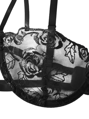Image of Lilosy Sexy Tie Side Cute Underwire Push Up Strappy Embroidered Mesh Sheer Lingerie Set