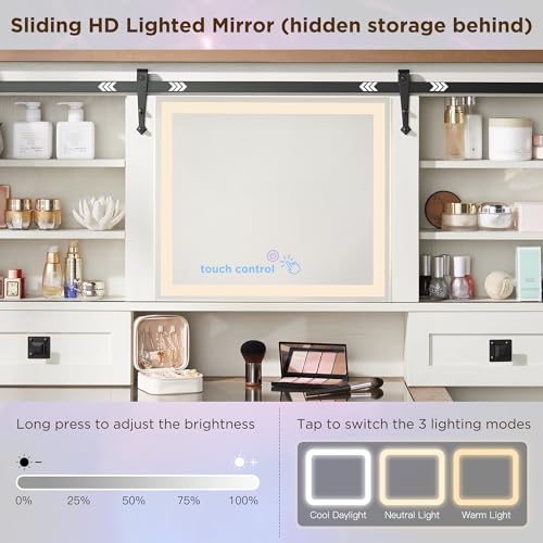 T4TREAM 48'' Farmhouse Makeup Vanity Desk with Sliding HD Mirror and Lights, Big Modern Lighted Vanity Table with 7 Drawers & Shelves, Rustic Large Dressing Table, Antique White - Image 3