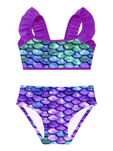 Doomiva Mädchen Bikini Set Meerjungfrau Bikini Tankini Zweiteiler Badeanzug Fischschuppenoberteil mit Rüschen Bikinihosen Violett 110-116