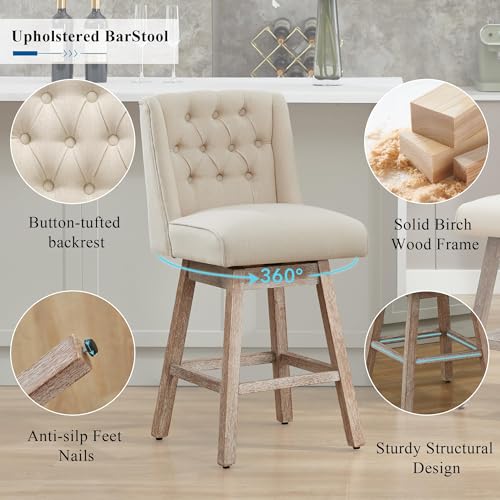Image of Counter Height Bar Stools Set of 3, 360Swivel Bar Stools with Back and Wood Legs, 28.5 inch Morden Linen Fabric Upholstered Barstools for Kitchen Island Dining Room Bar