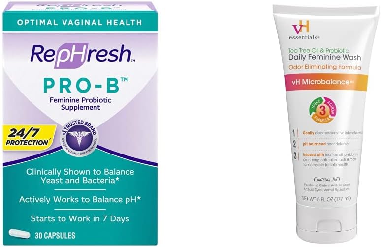 RepHresh Pro-B Probiotic Supplement for Women (30 Capsules) and vH Essentials Ph Balanced Daily Feminine Wash (6 Fl Oz)
