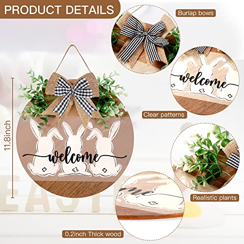 Sggvecsy Easter Wooden Hanging Door Sign Bunny Rabbit Welcome Sign Door Decoration Rustic Easter Wood Wreath Sign Plaque With Bow Greenery For Spring Wall Farmhouse Home Window Outdoor Indoor Decor #TOP6