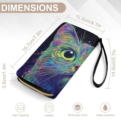 Travel Slim Wallet for Women, Large Capacity Credit Card Holder Colorful Trippy Cat Purse Pu Leather Waterproof Long Wallet2