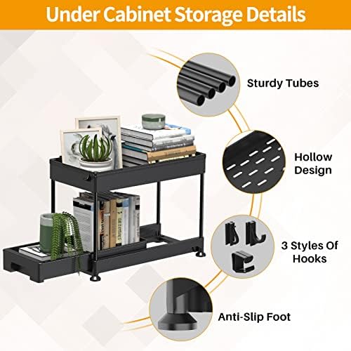 Ronlap Under Cabinet Slide Out Storage Drawer Basket Organizer, 2 Tier Under Sink Organizer and Storages, Multi-Purpose Storage Shelf with Hooks for Kitchen, Bathroom, Laundry Room, Black