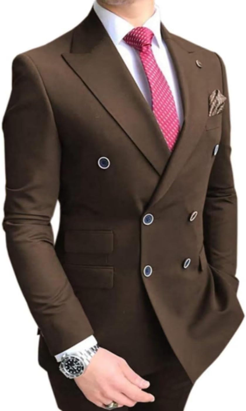 Men's Suits Slim Fit, Double Breasted Suit for Men, 2 Piece Suit Tuxedo Solid Jacket Pants Set Wedding Prom Party Brown, XX-Large