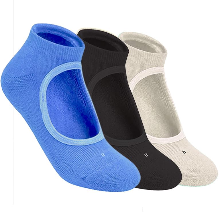 Anti Bacterial & Anti-Skid Yoga Regular Socks For Women | Made With Bamboo For Yoga, Exercise, Workout, Dance | Black, Grey & Blue | Pack of 3-image-28