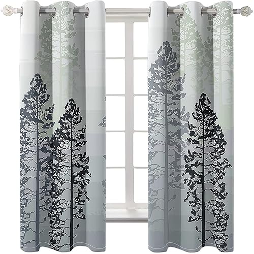 Homxi Cortinas Salon Dos Piezas,2 x 107W x 160H CM,Cortina Salon Opaco Gris Verde Claro Árboles Cortinas Opacas Ojales