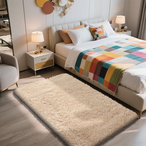 Shag Area Rug for Bedroom 3x5,Beige Fluffy Area Rugs for Living Room,Soft Fuzzy Rug Non-Shedding Indoor Plush Carpet for Kids Bedroom Nursery Dorm Home Decor