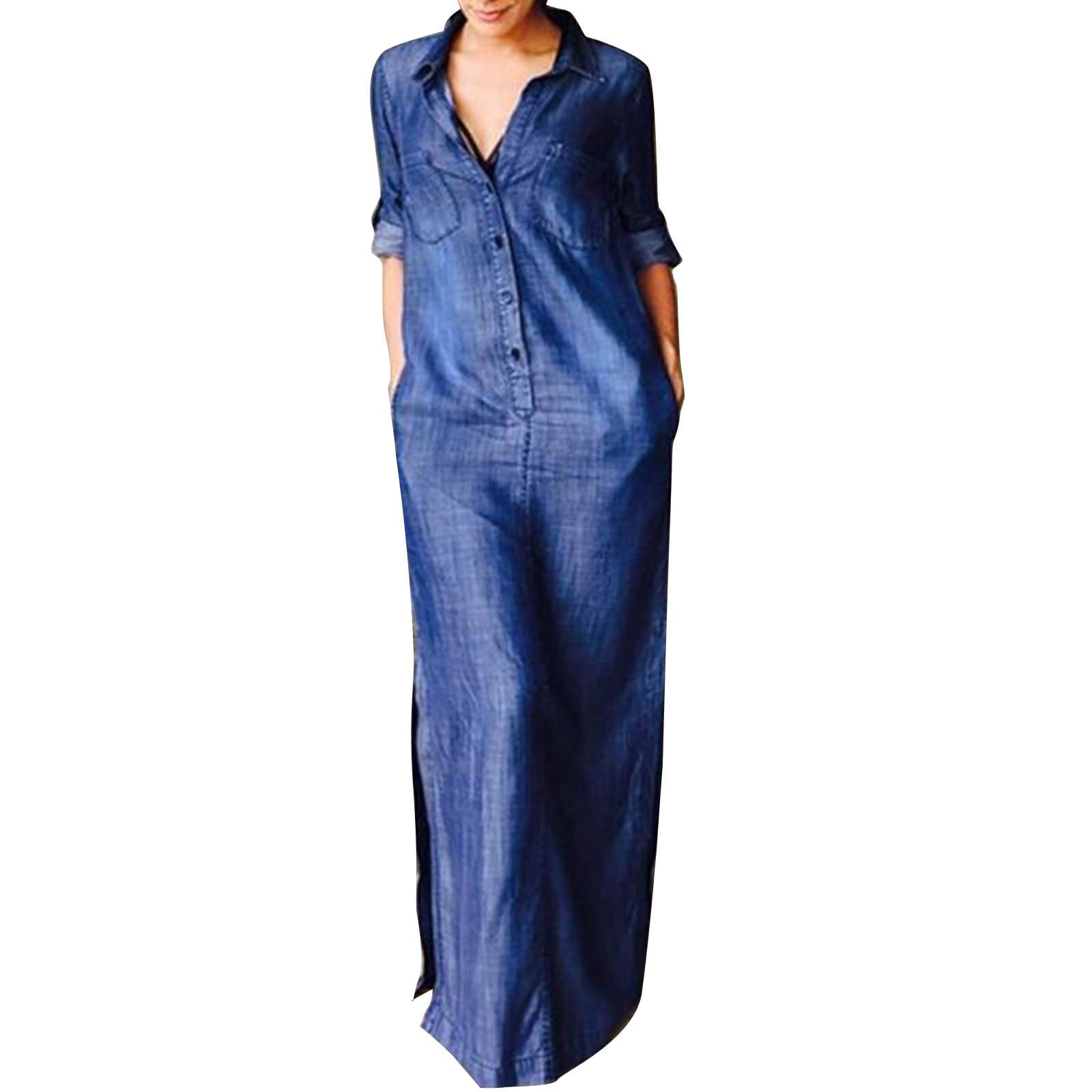 Denim Jean Dress for Women's Casual Button Front Maxi Shirt Dresses Sexy Split Workwear Dress Plus Size Floor Length Dress