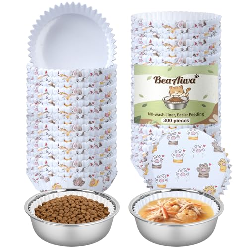 Bulk Disposable Cat Bowls Set (300 Pcs Cat Food Bowl Liners + 2 Pcs Stainless Steel Pet Bowls) Small Paper Bowls for Puppy Kitten Small Dogs and Cats Ideal for Dry & Wet Food (White Cat Paw Print)