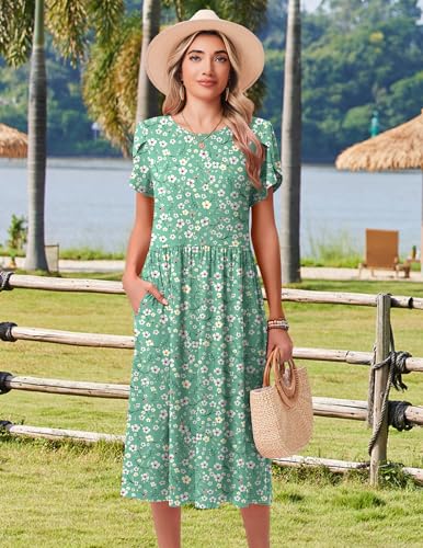 Image of HOTOUCH Women's Summer A-Line Midi Dresses 2026 Casual Floral Short Sleeve T-Shirt Dress Flowy Beach Sundress with Pockets