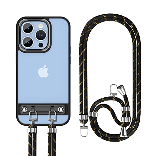 Mit Riemen, verstellbares Umhängeband für iPhone 13 Pro Max, Fallschutz in Militärqualität, mit Knopf aus Aluminiumlegierung, unterstützt kabelloses Laden, Anti-Vergilbung (schwarz) Cover