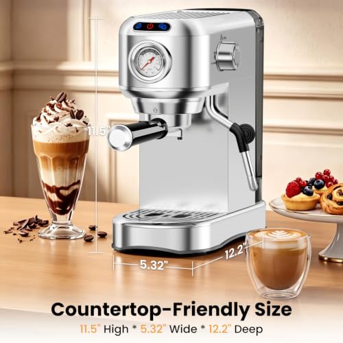 Espresso Machine 20 Bar, Compact Espresso Coffee Machine with Milk Frother, Stainless Steel Coffee Maker with 34oz Removable Water Tank, Cappuccino Machine for Home, Office, Latte (Silver) - Image 3