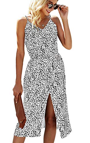 Angashion Women s Dresses - Sexy V Neck Spaghetti Strap Floral Printed Split Party Tulip Midi Dress with Belt 2129 White M