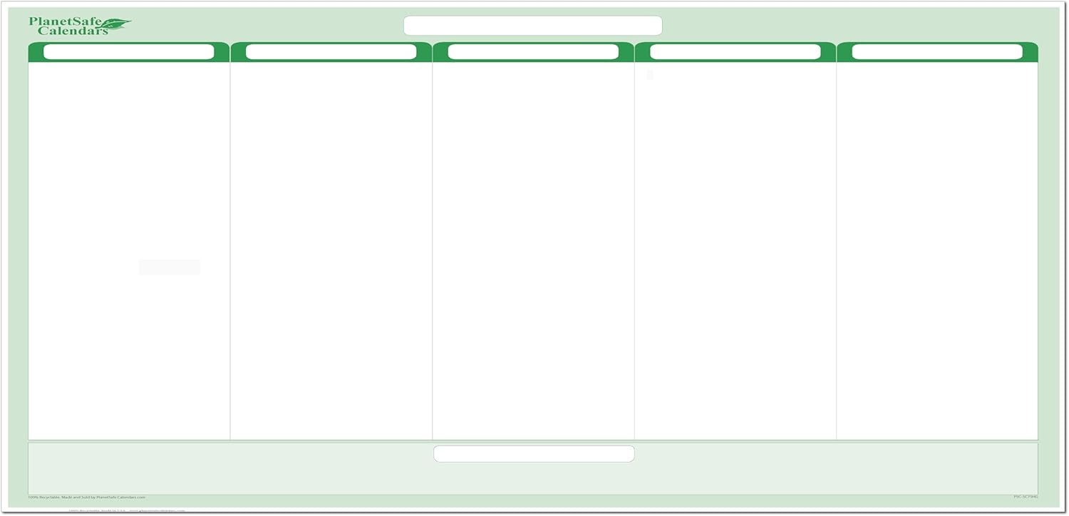 Earth Green 5-Column Dry-Erasable Task, Goals & Objectives Wall Organizer Planner 36" Tall x 75" Wide - Horizontal. Complete with Marker, Eraser and 200 Starter Sticky-Notes