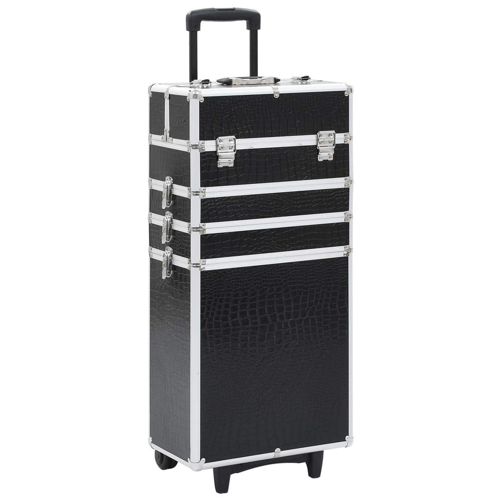 Walizka na kosmetyki aluminiowa, czarna, z tłoczeniem krokodyla, 4 półki, wysuwane półki, 4 zdejmowane kółka, 37 x 22 x 78 cm, organizer na podróż, do hotelu, na kemping i do łazienki