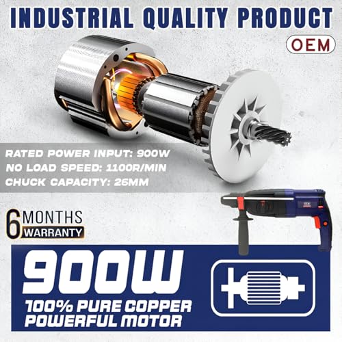 Image of OEM Professional 26MM Rotary Hammer Drill 900W Heavy-Duty 3-Mode Machine | Full Copper Motor | Forward /Reverse Function | Includes 3 Drill Bits + 2 Chisels | 6-Month Warranty