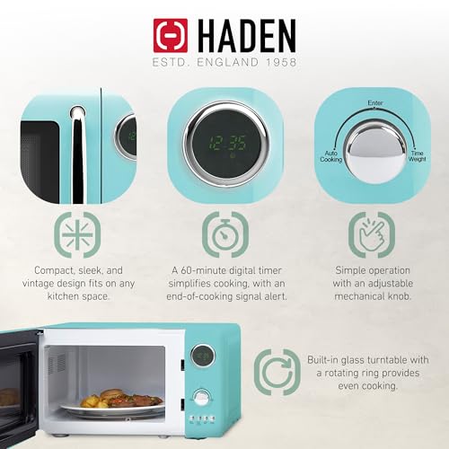 Haden 700 Watt 0.7 Cubic Foot Microwave Oven with Digital Controls, Defrost, and Instant Start Countertop Small Appliance, Turquoise/Chrome