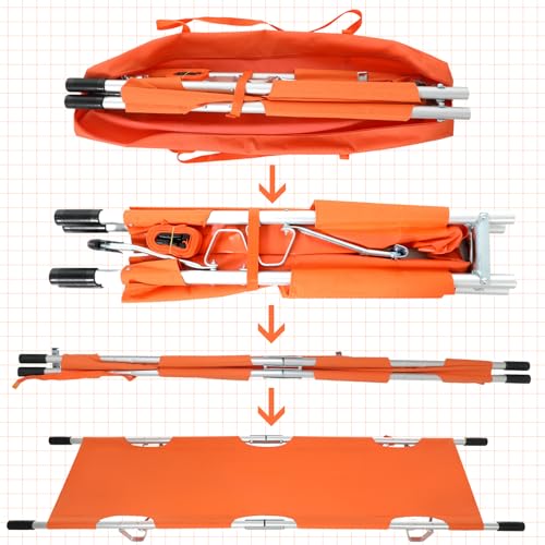 Image of TrelaCo Folding Stretcher 81 x 21.3 x 5.4 Inch Aluminum Alloy Collapsible Gurney Emergency Portable Stretcher with Heavy Duty Handles Rubber Feet for Ambulance Patient Transport, Orange