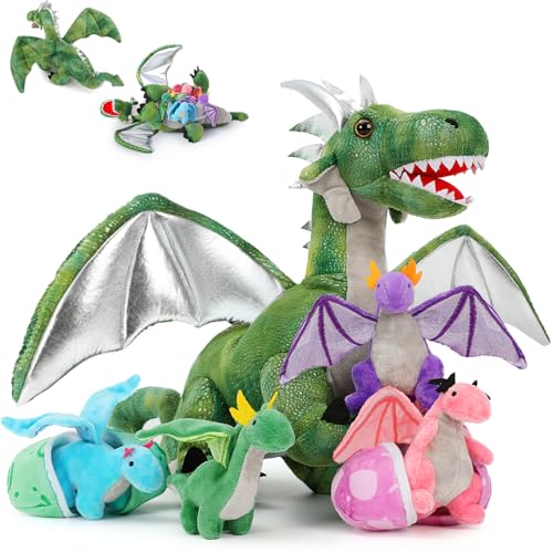 Image of MorisMos 7PCS Green Dragon Stuffed Animal Set, 21 inch Big Mommy Stuffed Dragon Plush Toy with 4 Baby Dragons and 2 Eggs Inside, Stuffed Dinosaur Toy Gift for Kids, Boys Christmas, Birthday