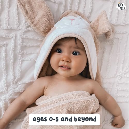 Image of Riff Raff Friendly Bunny Hooded Towel - Premium Cotton Baby Towel with Mitt Set - Ultra Soft Machine Washable Cartoon Hooded Baby Towels - Baby Towels with Hood for Newborn Baby, Infants, Toddlers