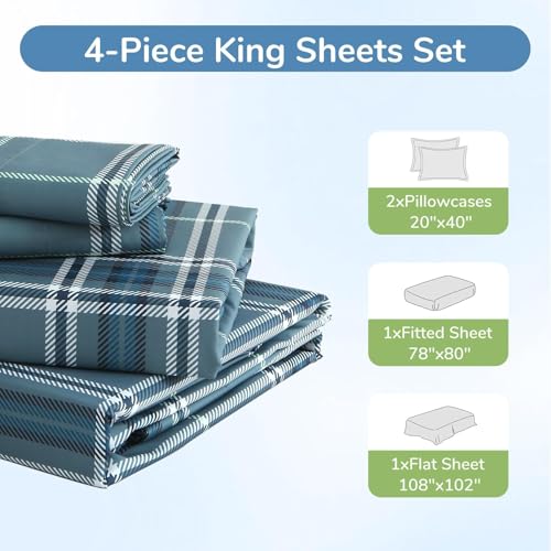 Image of MUXHOMO King Size 4 Piece Sheet Set, Soft Breathable Bed Sheet Set for Bedroom with Deep Pocket Up to 16 inch, Wrinkle-Free & Cooling Bedding for Oeko-TEX Certified - Grayish Green Plaid